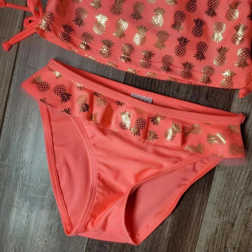 NWT Real Love Toddler Girls Metallic Gold and Coral Pineapple Bikini Set Size 2T